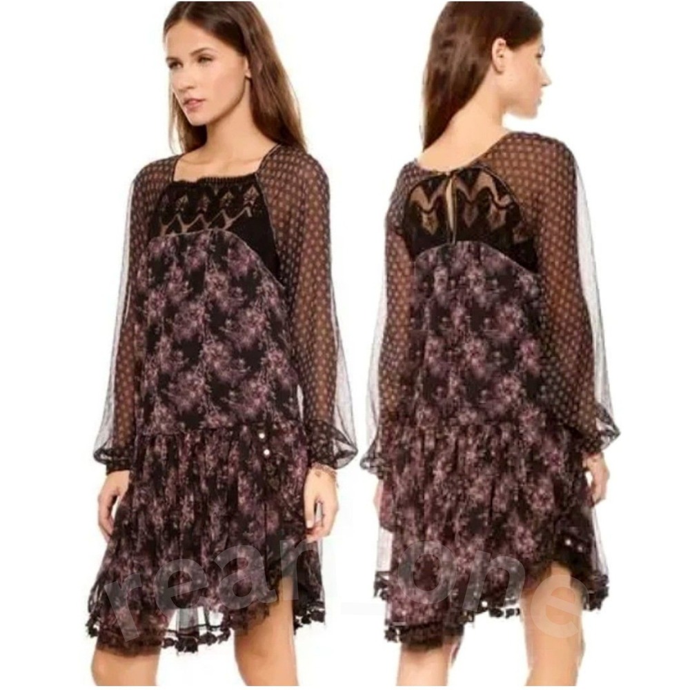 Free People Women's Midnight Garden Combo Sheer Long Sleeve Elsie Dress XS/TP - Picture 1 of 14